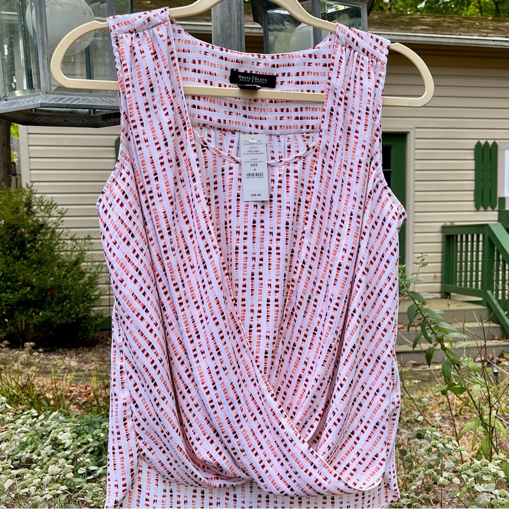 White House Black Market Pink and Red Printed Sleeveless Wrap Blouse